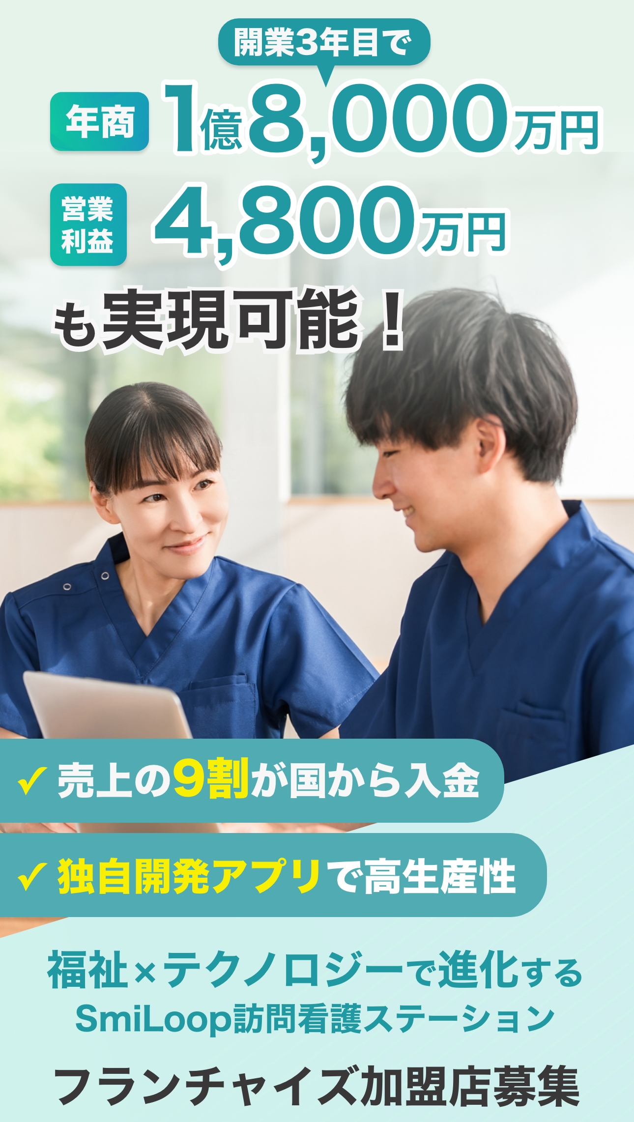 開業3年目で
年商1億8,000万円
営業利益4,800万円も実現可能!
売上の9割が国からの入金
独自開発アプリで高生産性
福祉✕テクノロジーで進化する
SmiLoop訪問看護ステーション
フランチャイズ加盟店募集